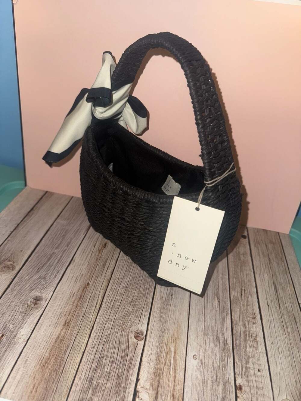 A New Day Black Mini Woven Straw Basket Handbag with Scarf Detail - Picture 2 of 3